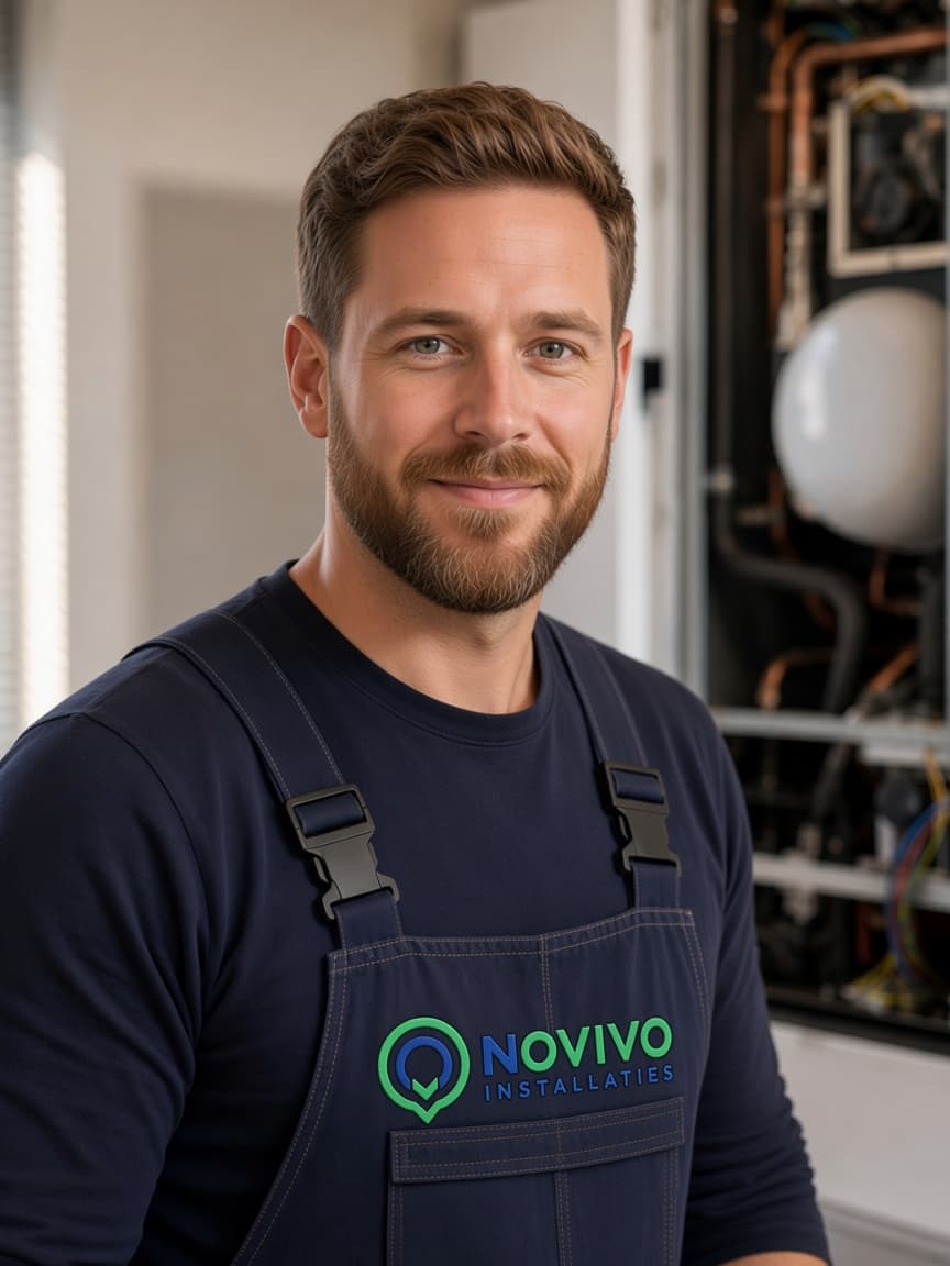 Portret van Mark, eigenaar van Novivo Installaties, met Novivo-logo op de bedrijfskleding